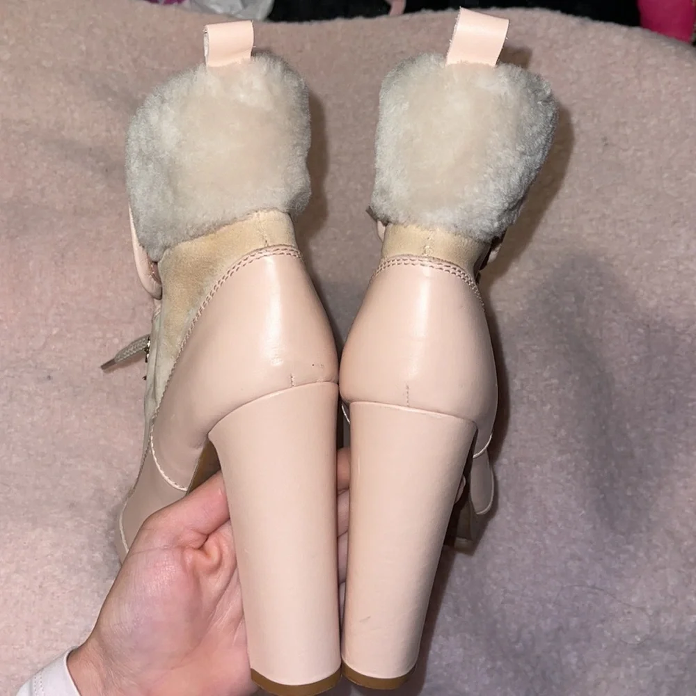 RED VALENTINO Nude Lace Up with Fur Leather Heels Boots/Booties - Picture 9 of 12